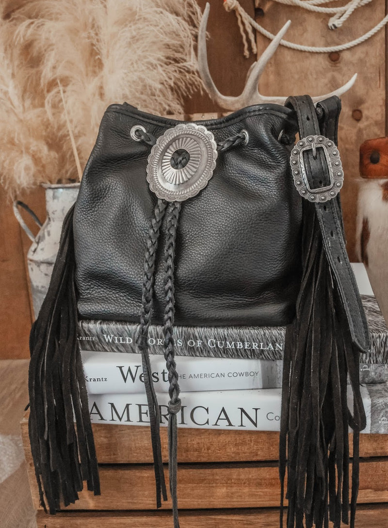 WESTERN FRINGE CROSSBODY Purse Western Tooled Black Leather -  UK