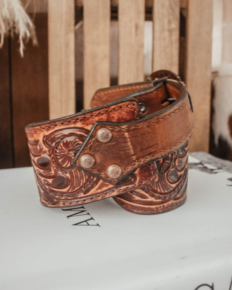 Tooled Leather Belt with Long Fringe