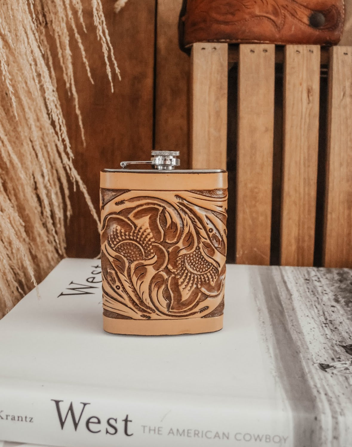 TOOLED LEATHER FLASK- 8 OZ