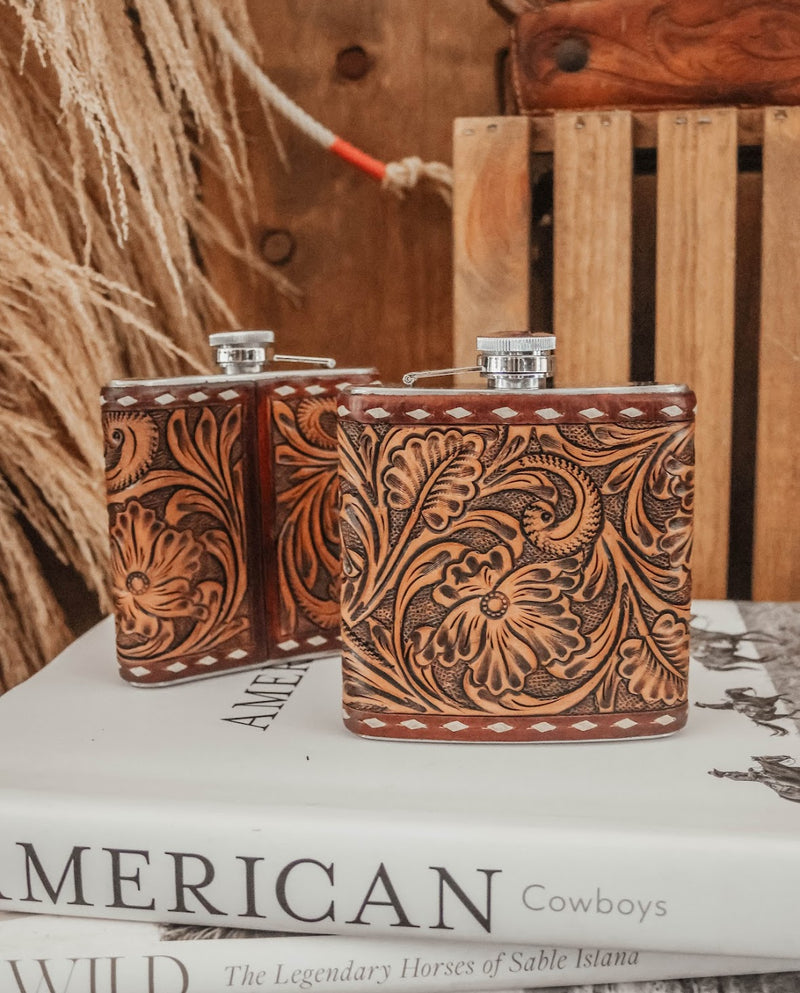 TOOLED LEATHER FLASK- 16 OZ