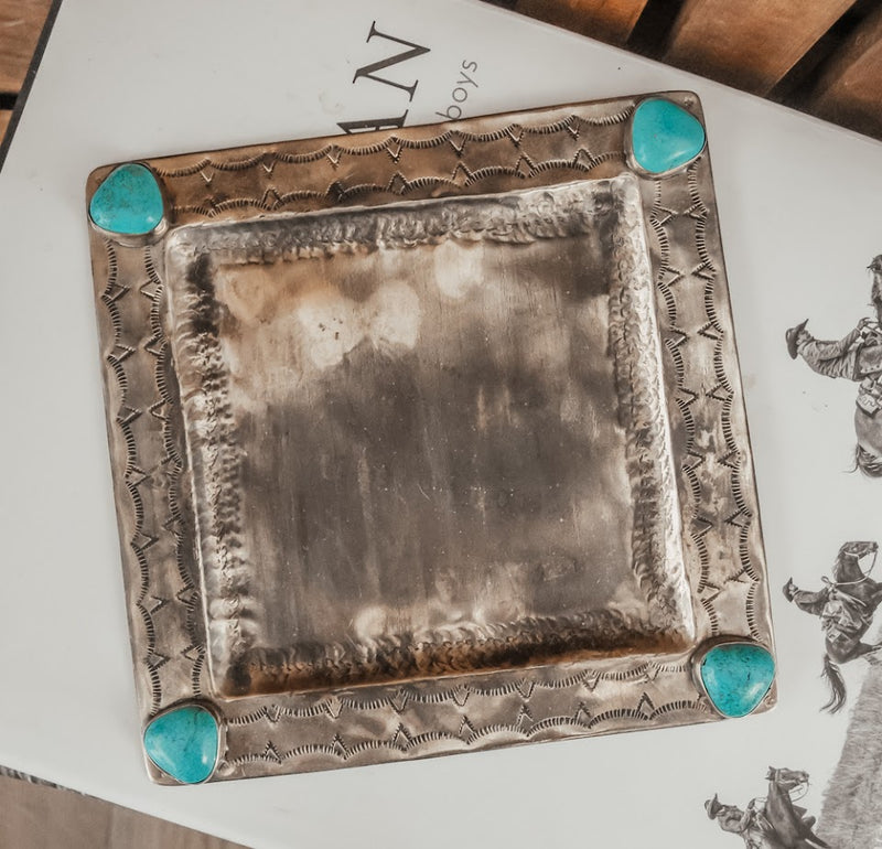RUSTIC SILVER AND TURQUOISE STONE TRAY