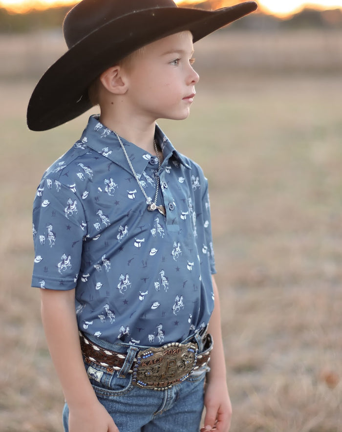 ROCK & ROLL NAVY WESTERN PRINT POLO-YOUTH