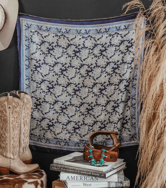 PAISLEY SILVER COBALT SILK WILD RAG