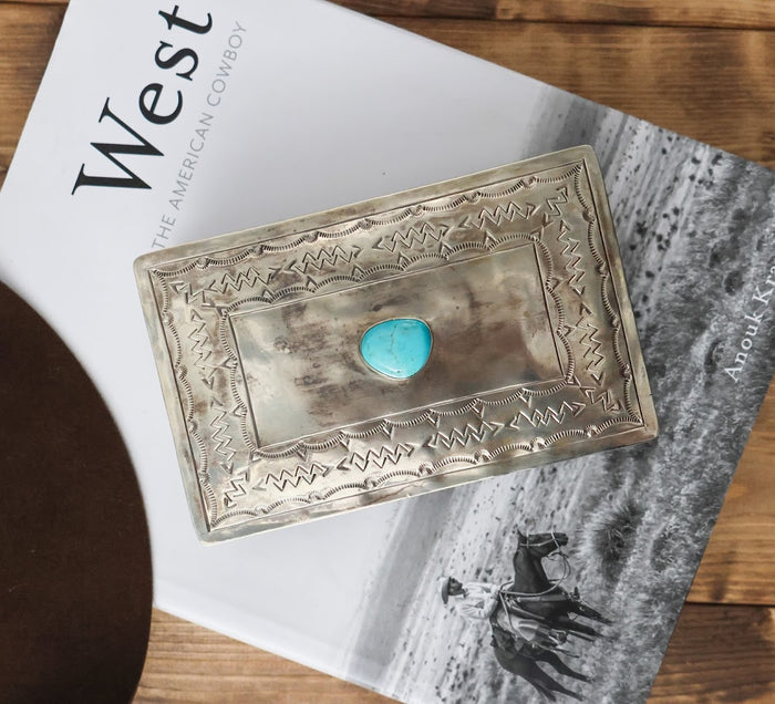 J ALEXANDER STAMPED RECTANGLE BOX W/ TURQUOISE