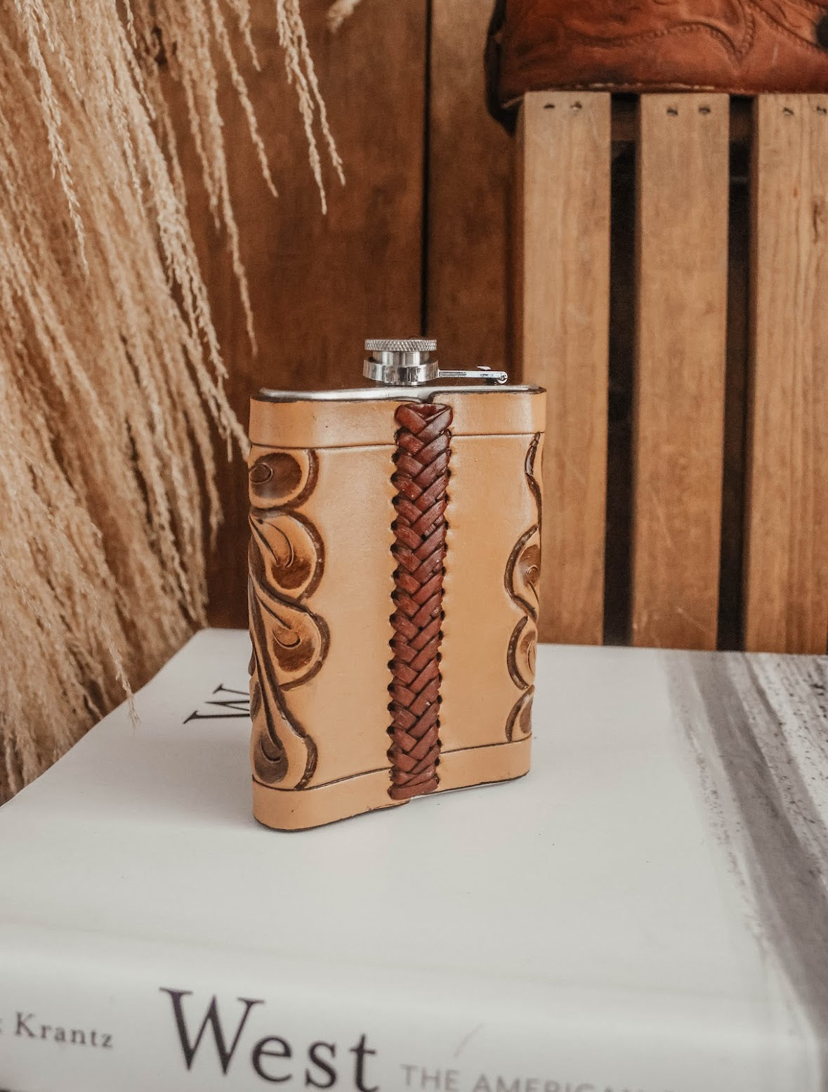 TOOLED LEATHER FLASK- 8 OZ