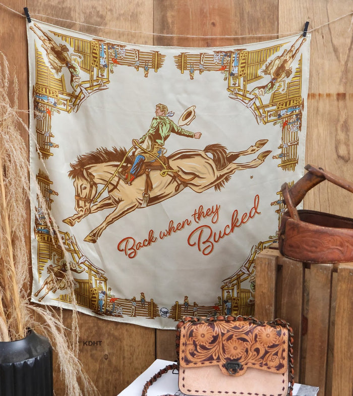 BACK WHEN THEY BUCKED TAN SILK WILD RAG 26"