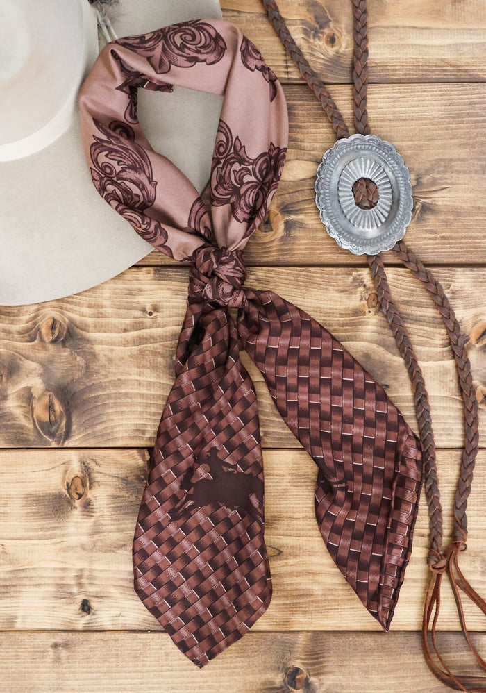 FRONTIER CHOCOLATE TOOLED SILK WILD RAG