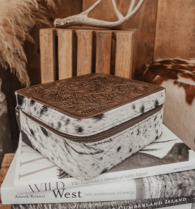 LARGE TOOLED COWHIDE JEWELRY BOX